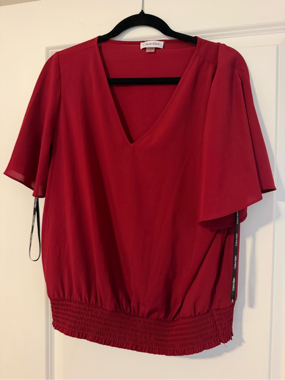Calvin Klein Cherry Red V-Neck Flutter Sleeve Top